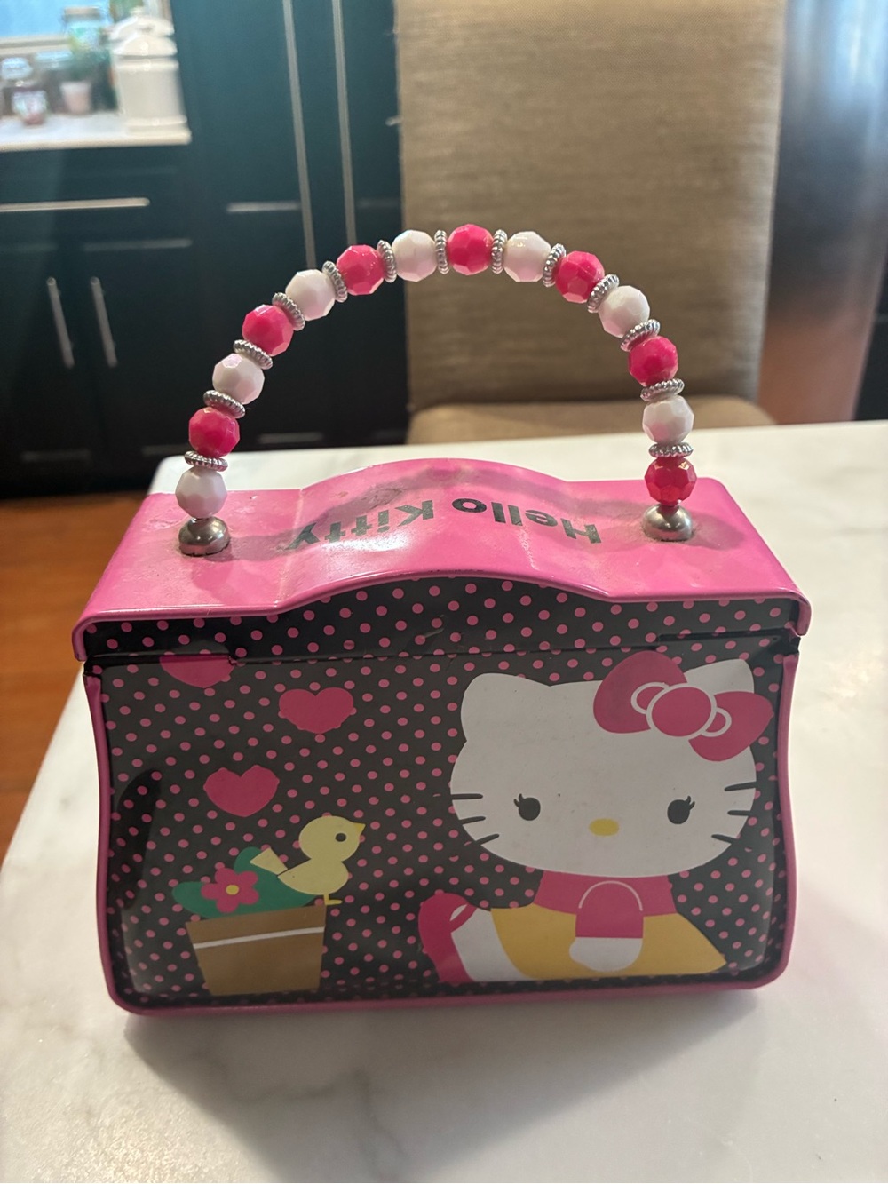Hello Kitty 2013 Sanrio Pink Lunch Tin Purse Beaded Handle Punk Princess